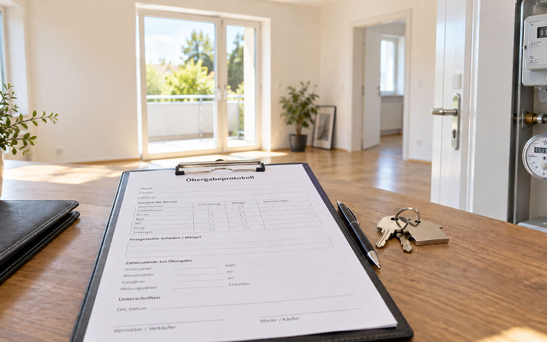 Übergabeprotokoll für Wohnung oder Haus mit Zählerständen, Schlüsseln und dokumentiertem Immobilienzustand